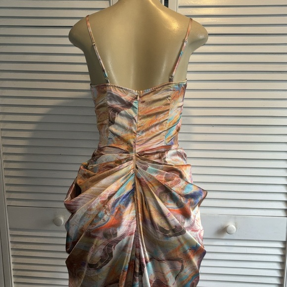 Multi Marble Print Satin Ruched Skirt Corset Detail Midi Dress size 6 - Picture 11 of 12